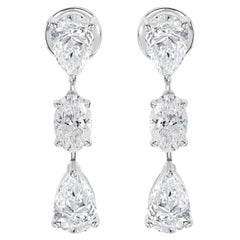 5.47 Ct Natural Pear and Oval Diamond Three-Stone Drop Earrings 18K White Gold