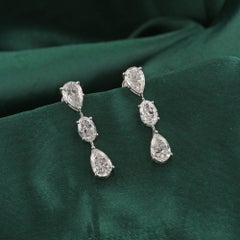5.47 Ct Natural Pear and Oval Diamond Three-Stone Drop Earrings 18K White Gold