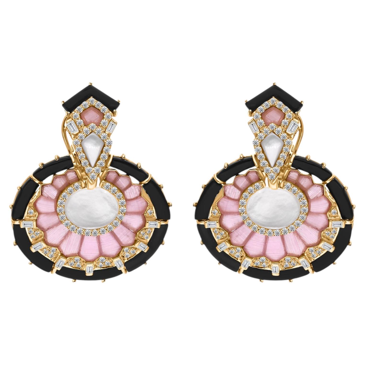 1.30 Carat Round Diamond Onyx Mother-of-Pearl Medallion Earrings 18K Yellow Gold