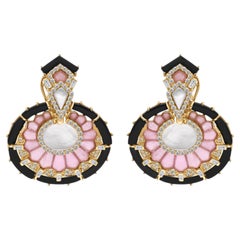 1.30 Carat Round Diamond Onyx Mother-of-Pearl Medallion Earrings 18K Yellow Gold