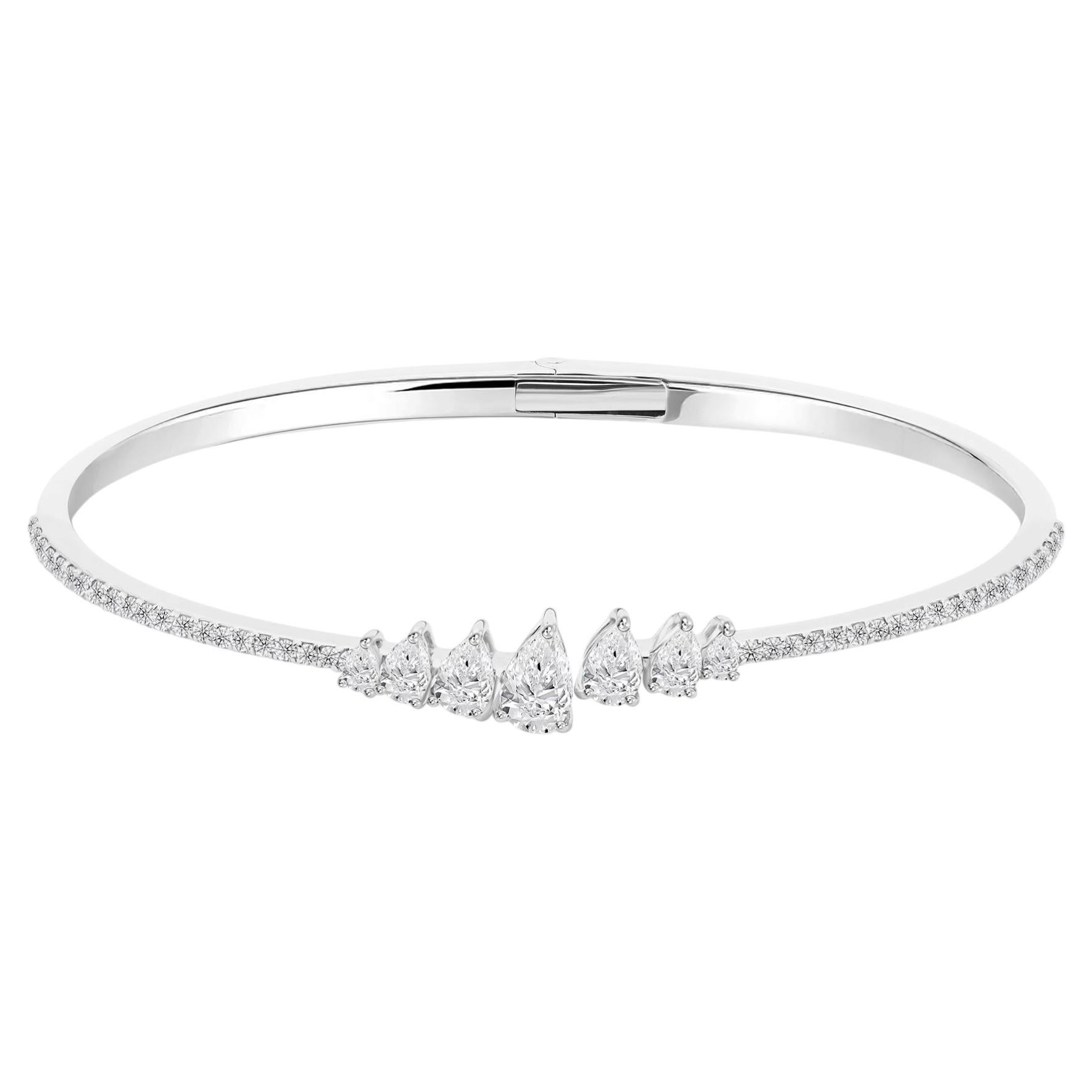 1.68 Carat Natural Graduated Pear Diamond Open Cuff Bangle in 18K White Gold