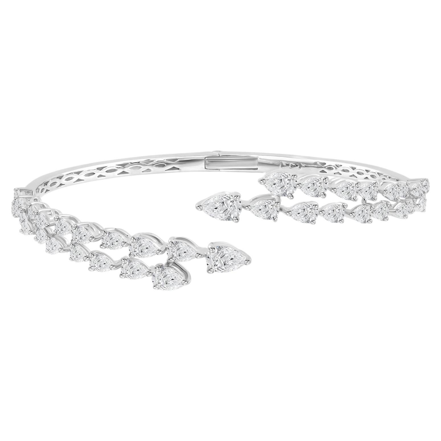 3.29 Ct Natural Pear Diamond Double-Row Wrap Open Cuff Bracelet 18K White Gold