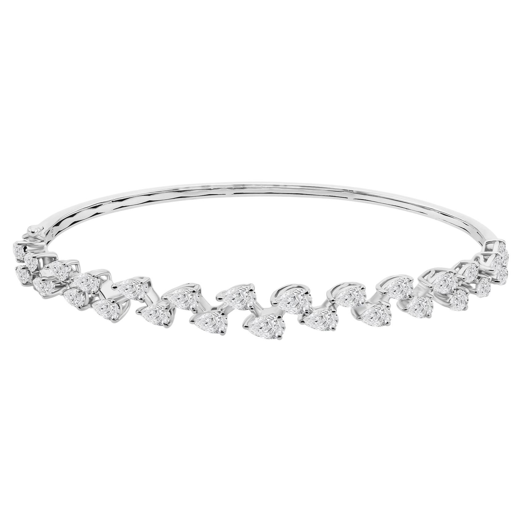 3.1 Carat Natural Graduated Pear Diamond Hinged Bangle Bracelet 18K White Gold