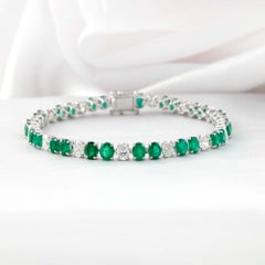 7.46 Ct Zambian Emerald 3.52 Ct Diamond Oval Cut Tennis Bracelet 18K White Gold