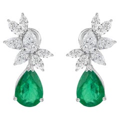 8.67 Carat Natural Pear Diamond Zambian Emerald Drop Earrings in 18K White Gold