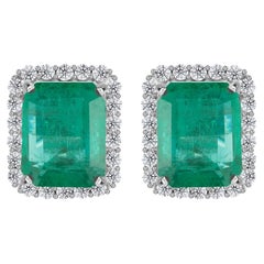 0.82 Ct Natural Round Diamond 6.32 Ct Emerald Stud Earrings in 18K White Gold