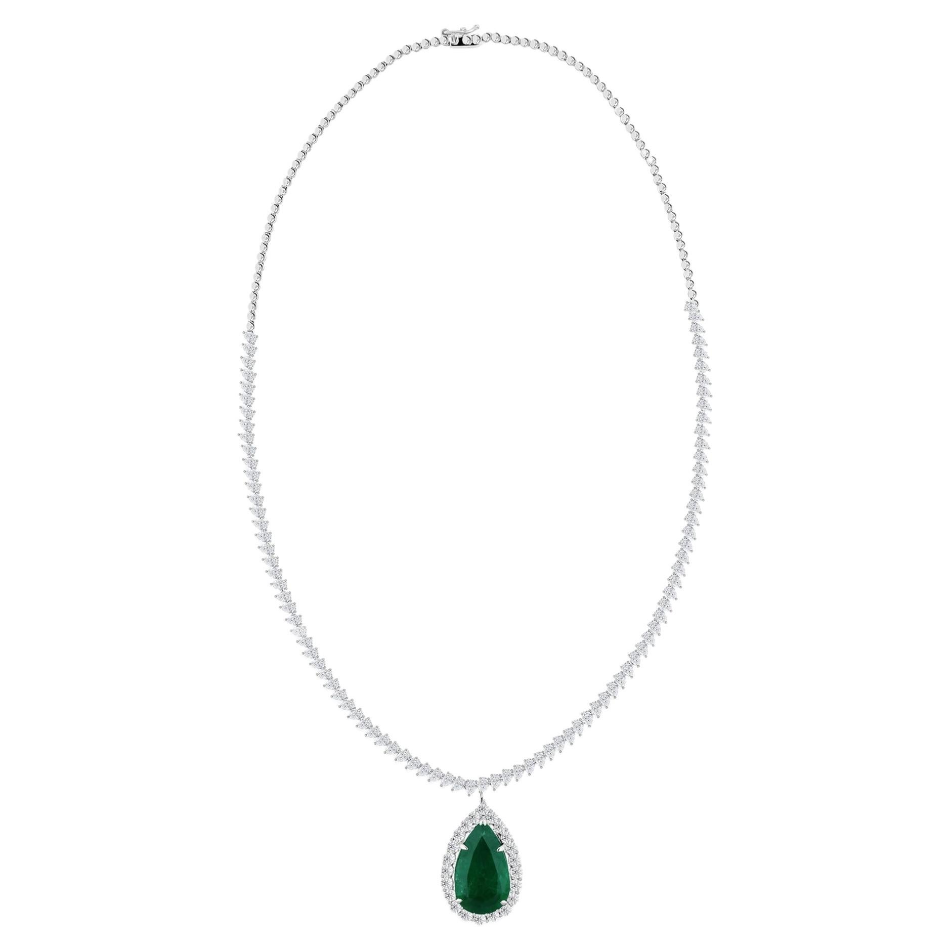 8.51 Carat Natural Pear Zambian Emerald Pendant Necklace 18K White Gold For Sale
