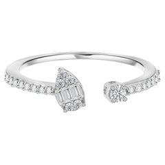 0.20 Ct Natural Round Baguette Diamond Open Cuff Handmade Ring in 18K White Gold