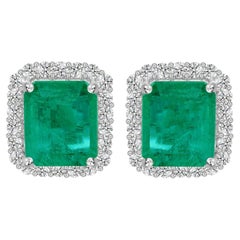 11.34 Ct Zambian Emerald 0.99 Ct Natural Diamond Stud Earrings 18K White Gold