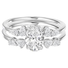 1.45 Ct Natural Diamond Oval Center Cluster Engagement Ring Set 18K White Gold