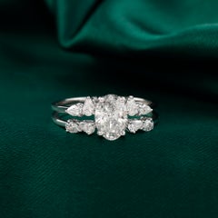 1.45 Ct Natural Diamond Oval Center Cluster Engagement Ring Set 18K White Gold