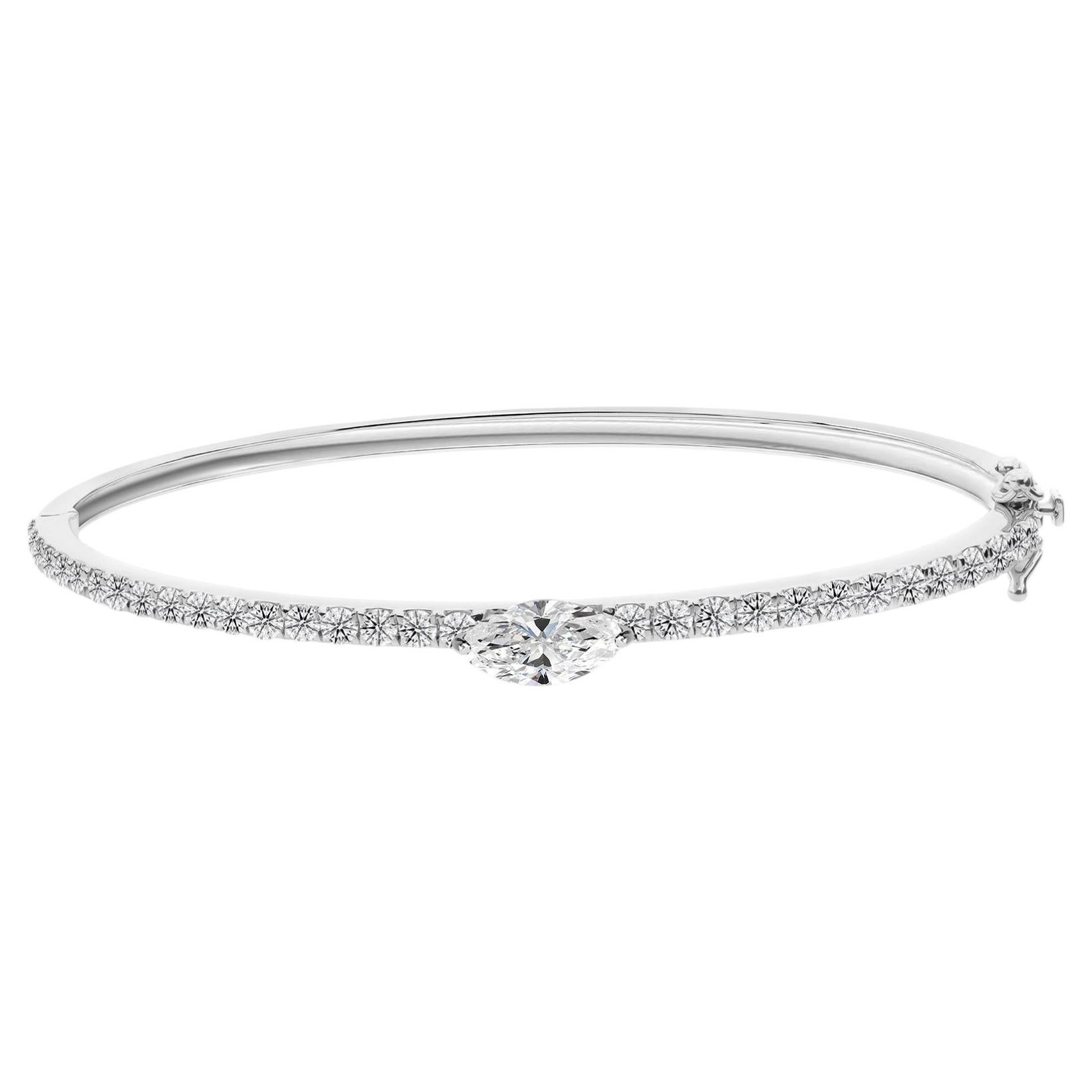 2.07 Carat Natural Marquise Cut Diamond Handmade Bangle Bracelet 18K White Gold For Sale