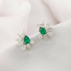 2.75 Ct Natural Pear Diamond 1.11 Ct Emerald Flower Earrings in 18K White Gold