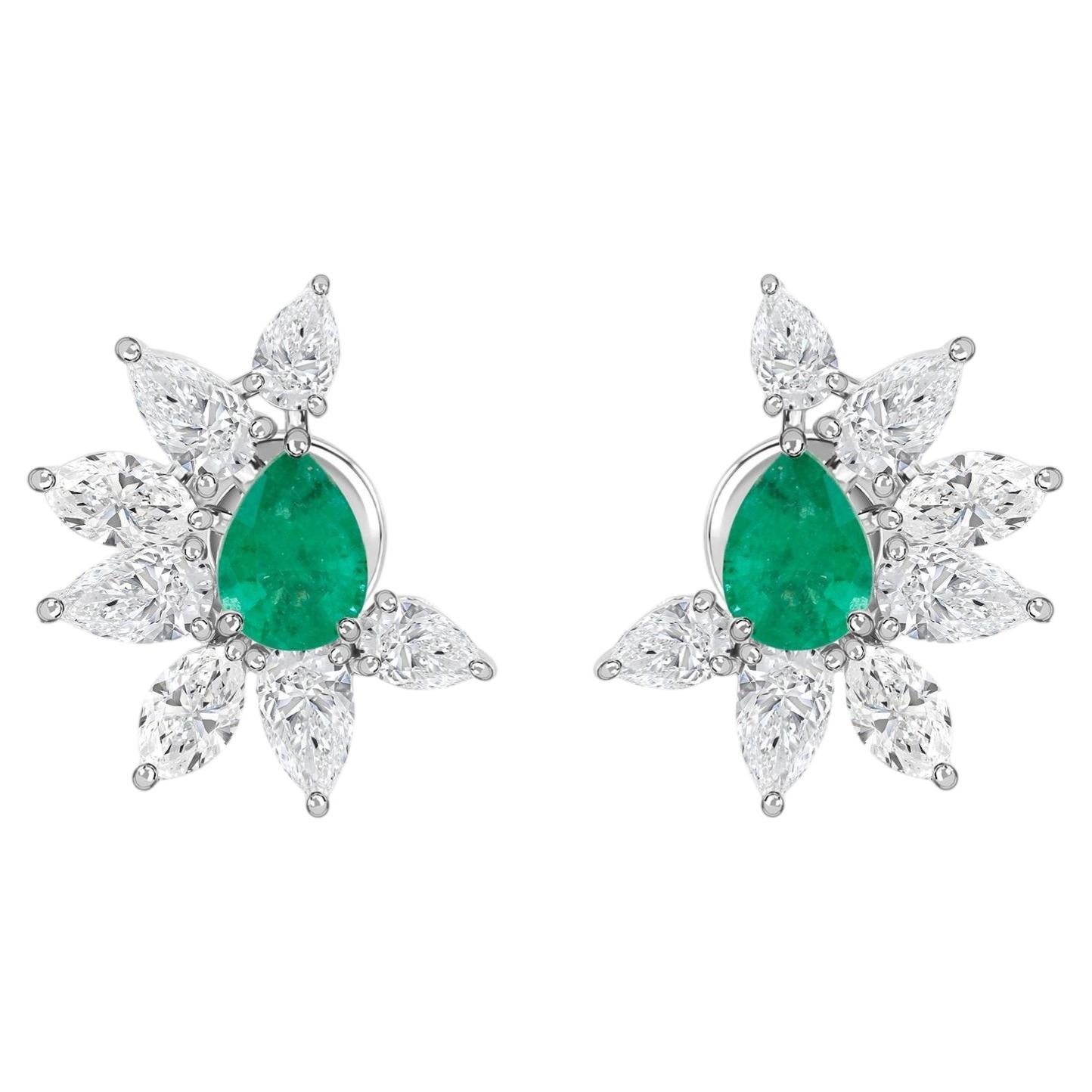 2.75 Ct Natural Pear Diamond 1.11 Ct Emerald Flower Earrings in 18K White Gold For Sale