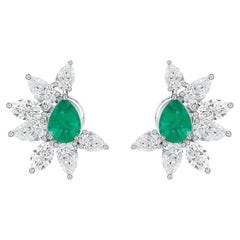 2.75 Ct Natural Pear Diamond 1.11 Ct Emerald Flower Earrings in 18K White Gold
