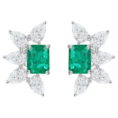 4.98 Ct Natural Diamond 4.20 Ct Zambian Emerald Stud Earrings 18K White Gold