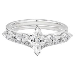 1.00 Carat Natural Marquise Cut Diamond Handmade Crown Ring Set 18K White Gold