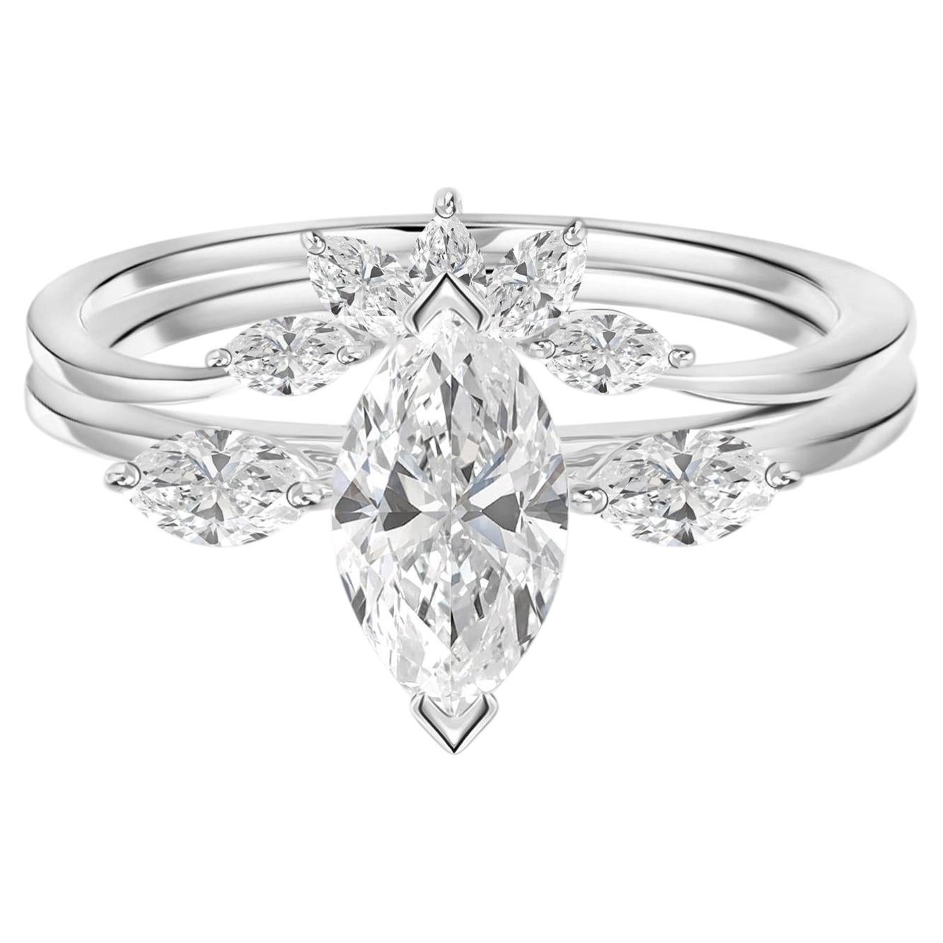 1.08 Carat Natural Marquise Diamond Handmade Floral Two-Ring Set 18K White Gold