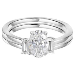 1.24 Carat Natural Oval & Baguette Handmade Diamond Two-Ring Set 18K White Gold