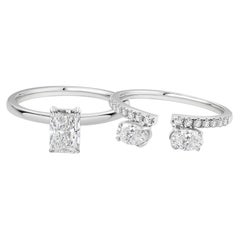 Conjunto de dos anillos hechos a mano con diamantes naturales de 1,62 quilates en talla radiante y ovalada, en oro blanco de 18 quilates
