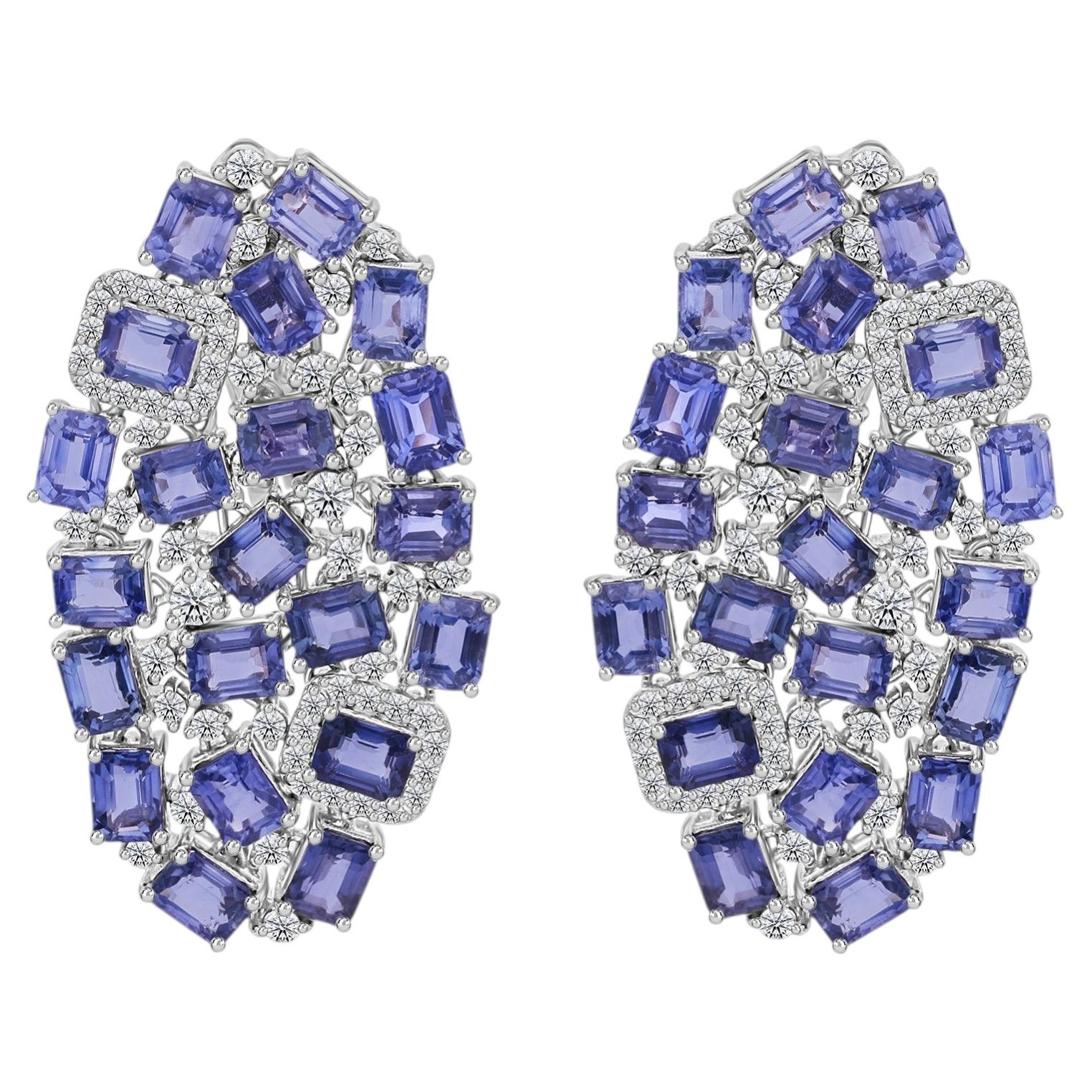 13.62 Carat Natural Blue Sapphire Mosaic 1.05 Ct Diamond Earrings 18K White Gold For Sale