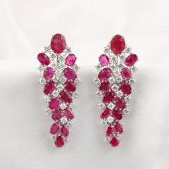 1.84 Ct Oval Ruby 2.81 Ct Marquise Diamond Chandelier Earrings in 18K White Gold