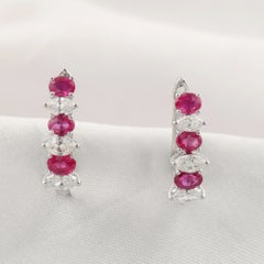 1.84 Ct Natural Oval Ruby 0.64 Ct Marquise Diamond Hoop Earrings 18K White Gold