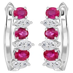 1.84 Ct Natural Oval Ruby 0.64 Ct Marquise Diamond Hoop Earrings 18K White Gold