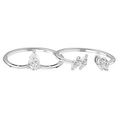 Parure de 2 bagues empilables en or blanc 18 carats, serties de diamants naturels taille poire-marquise de 0,61 carat