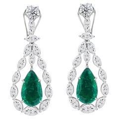 8.44 Ct Marquise Diamond 7.66 Ct Pear Zambian Emerald Earrings 18K White Gold