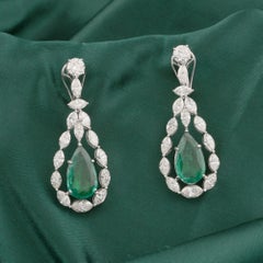 8.44 Ct Marquise Diamond 7.66 Ct Pear Zambian Emerald Earrings 18K White Gold