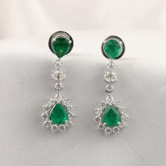1.97 Ct Pear Zambian Emerald 1.0 Ct Natural Diamond Drop Earrings 18K White Gold