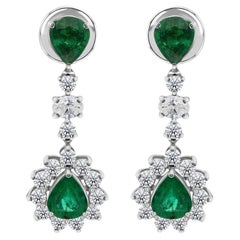 1.97 Ct Pear Zambian Emerald 1.0 Ct Natural Diamond Drop Earrings 18K White Gold