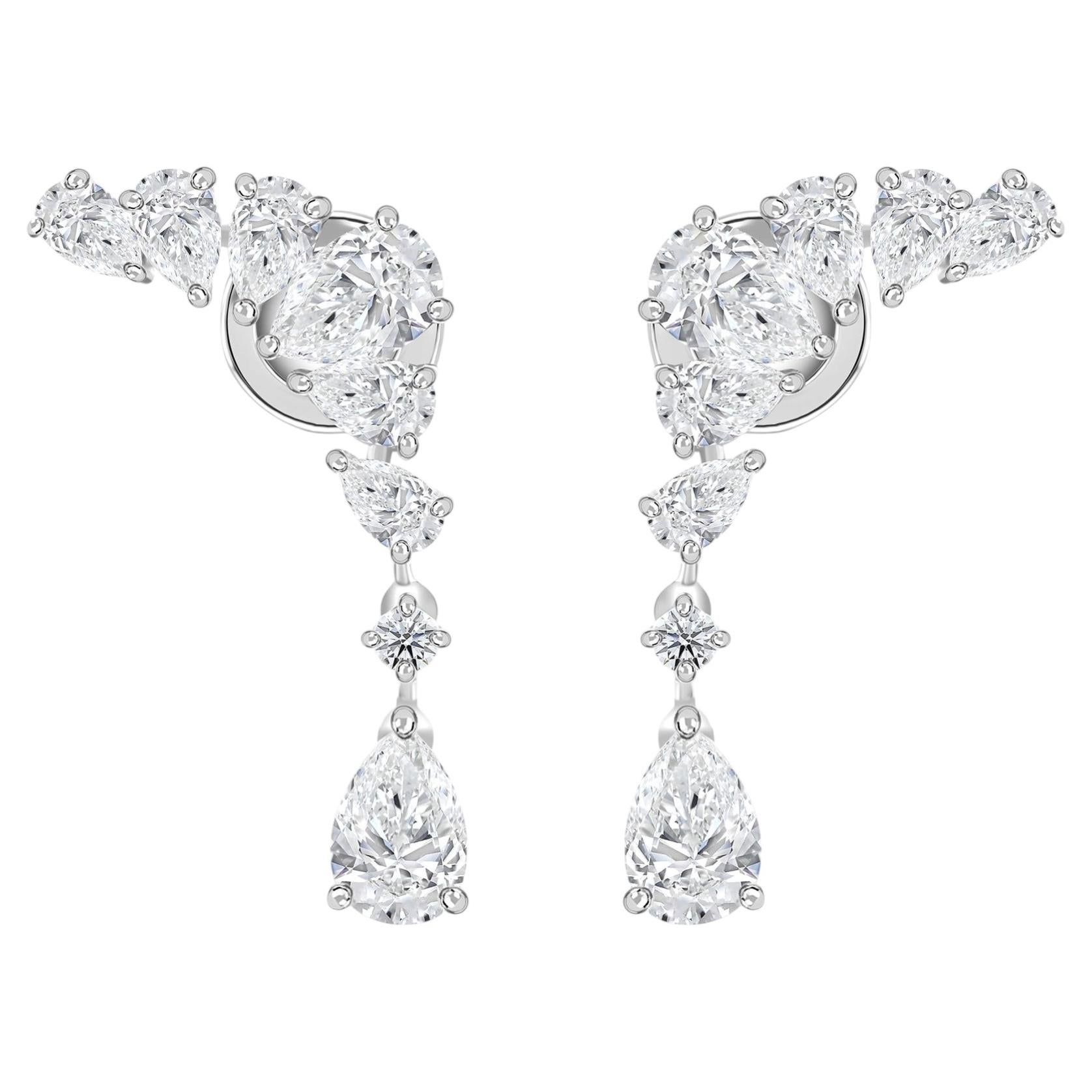 Pendientes largos tipo «climber» con diamantes naturales en forma de pera de 2,86 quilates, joyería de oro blanco de 18 quilates