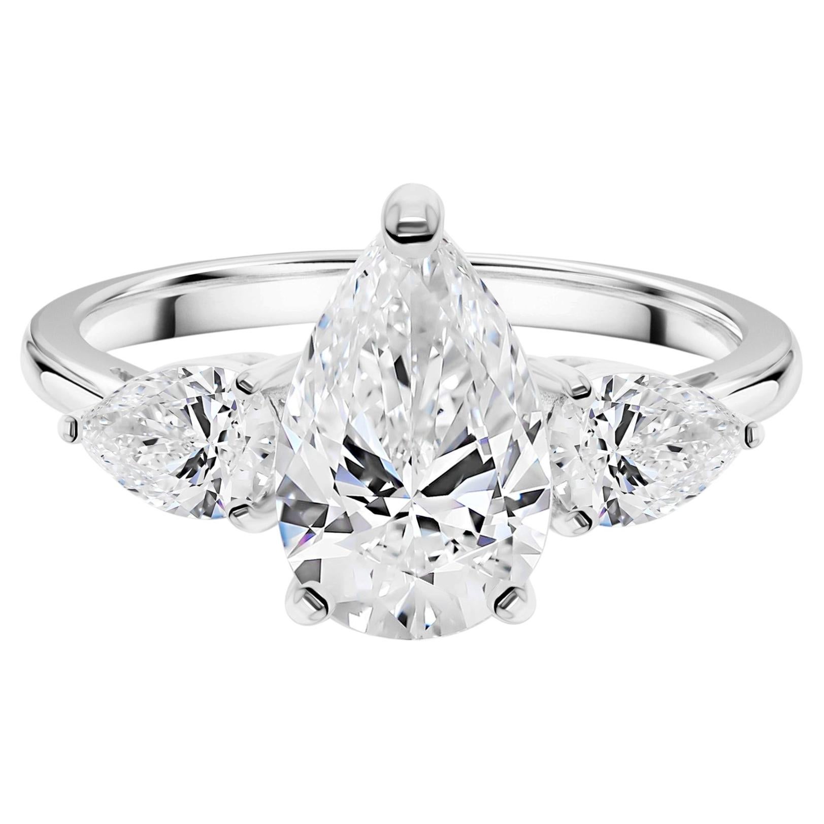 2.79 Carat Natural Pear Diamond Three Stone Engagement Ring 18K White Gold