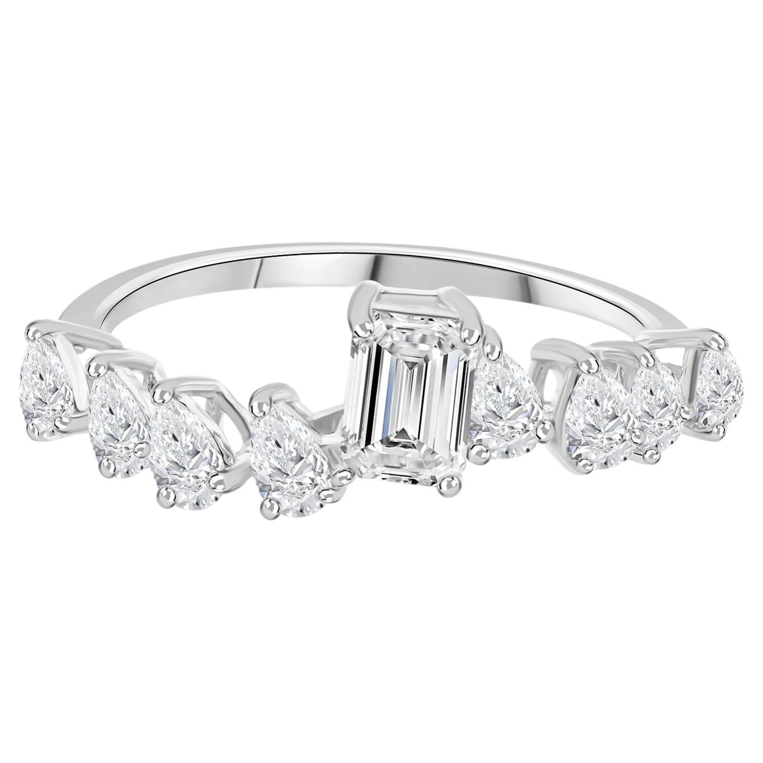 For Sale:  1.17 Carat Natural Emerald Cut Diamond Cluster Ring 18K White Gold HRD Certified