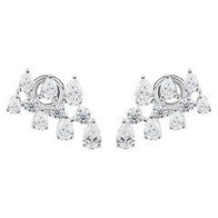 3.41 Carat Natural Pear & Round Diamond Cluster Climber Earrings 18K White Gold