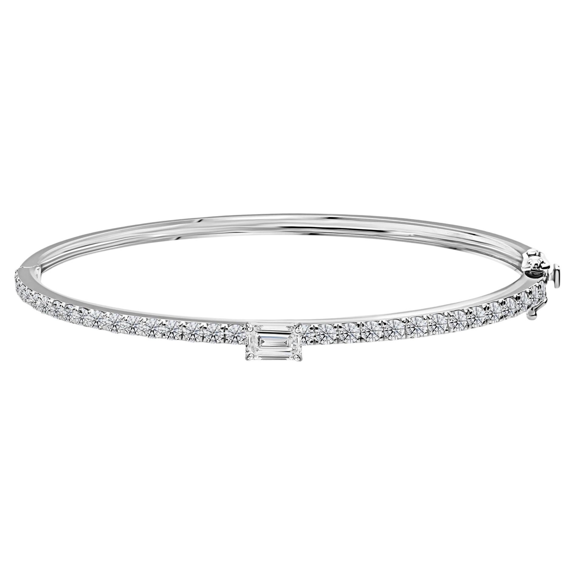 1.84 Carat Natural Round & Emerald-Cut Diamond Bangle Bracelet 18K White Gold