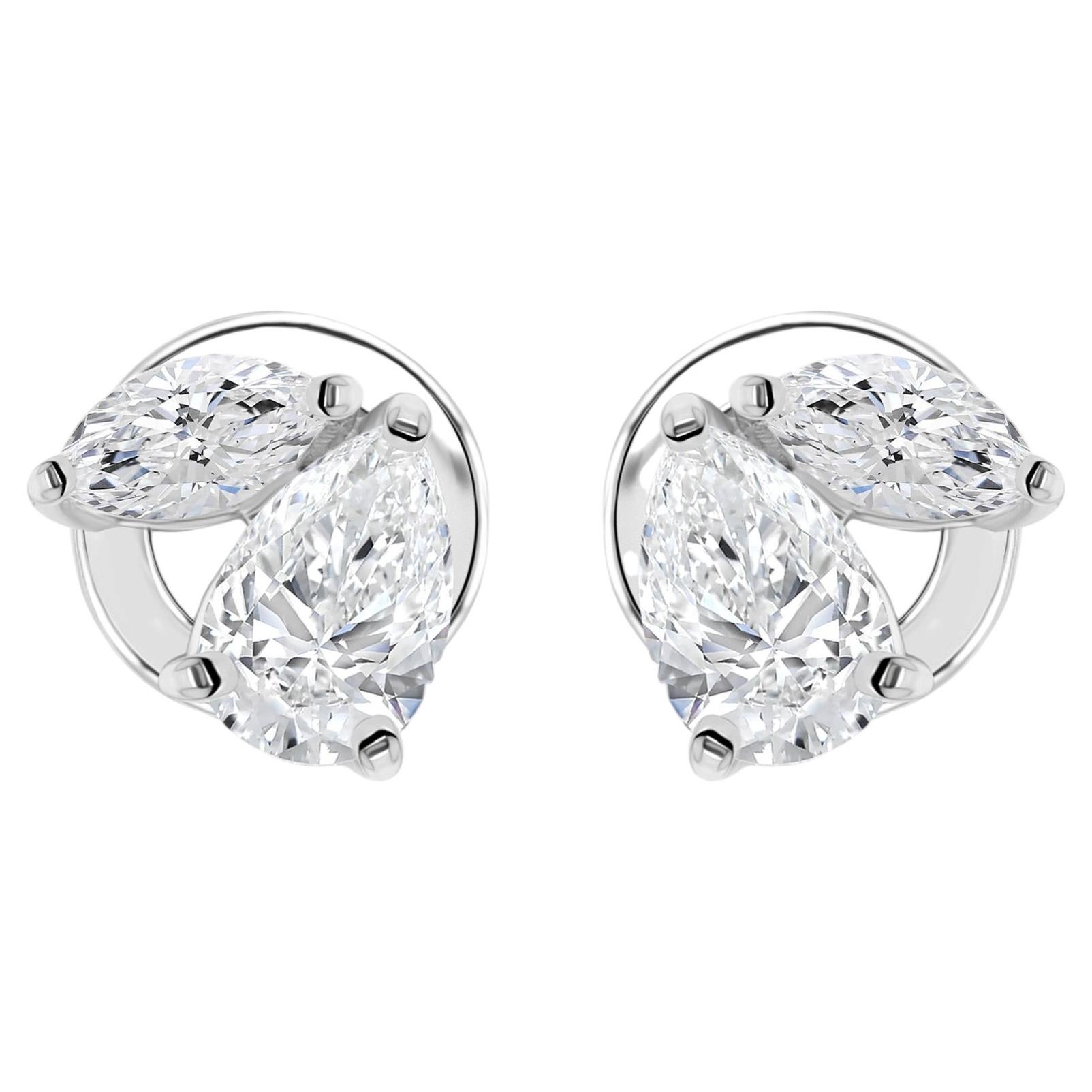 1.24 Carat Natural Pear and Marquise Diamond Duo Stud Earrings 18K White Gold For Sale