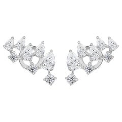 2.56 Carat Natural Pear & Round Diamond Ear Climber Stud Earrings 18K White Gold