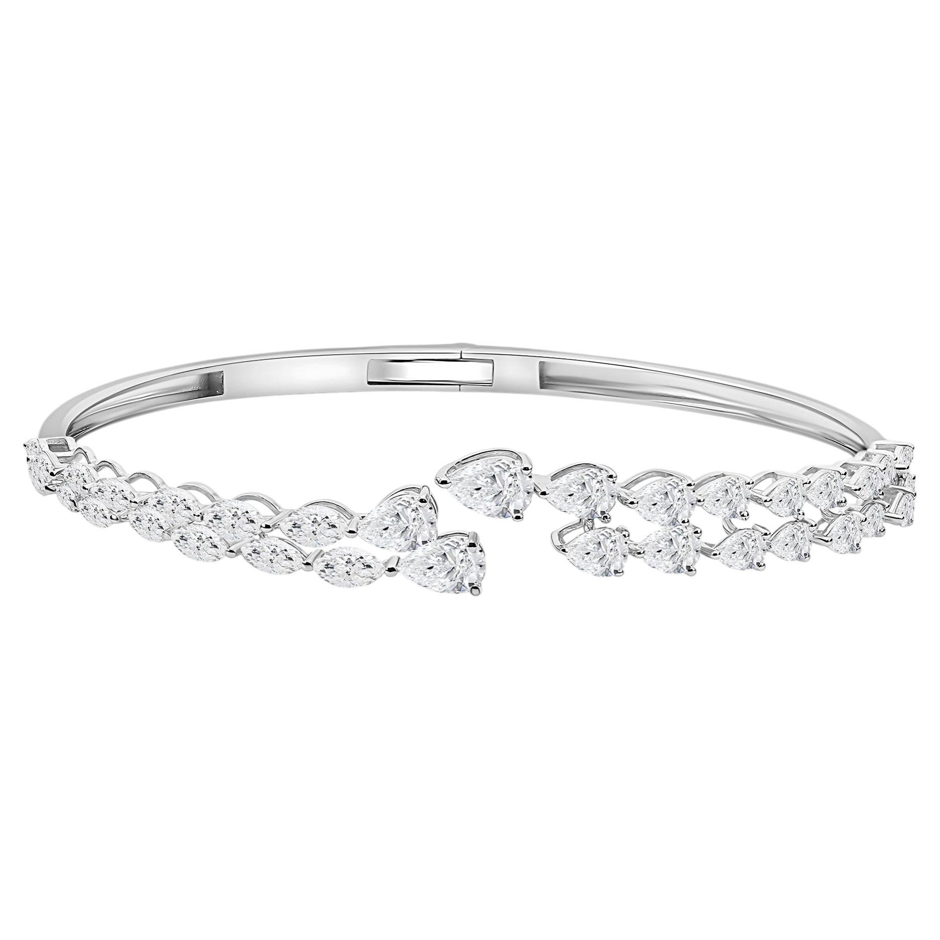 4.44 Carat Natural Marquise & Pear Diamond Open Bangle Bracelet 18K White Gold For Sale