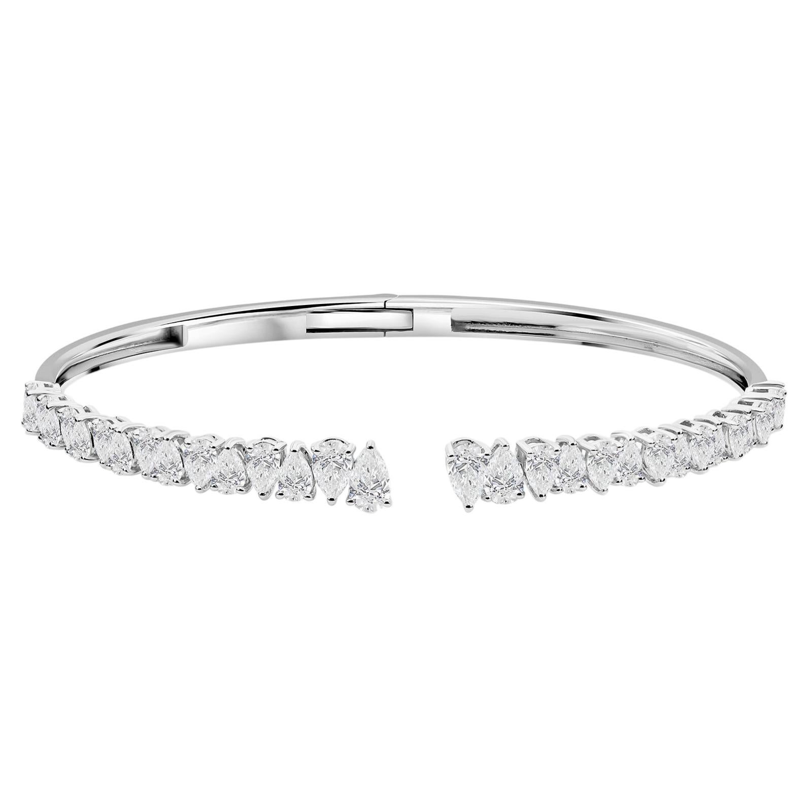3.48 Carat Natural Marquise & Pear Diamond Cuff Bangle Bracelet 18K White Gold For Sale