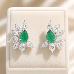 2.01 ct Natural Pear Emerald and Diamond Asymmetric Fan Earrings, 18K White Gold