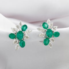 6.25 ct Natural Oval Emerald and Diamond Leaf Cluster Earrings, 18K White Gold