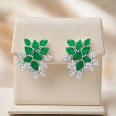 7.94 ct Natural Pear Emerald and Diamond Wreath Drop Earrings, 18K White Gold