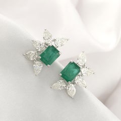 6.47 ct Natural Emerald-Cut Emerald and Diamond Pear Earrings, 18K White Gold