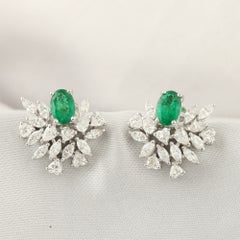1 ct Natural Oval Emerald and Diamond Swept Wing Earrings, 18K White Gold