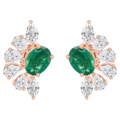 1.38 ct Natural Oval Emerald and Diamond Crescent Spray Earrings, 18K Rose Gold