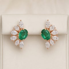 1.38 ct Natural Oval Emerald and Diamond Crescent Spray Earrings, 18K Rose Gold