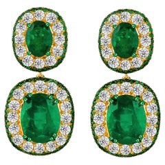 11.44 ct Natural Oval Emerald and Diamond Double Halo Earrings, 18K Yellow Gold